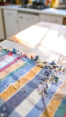 Naklejka premium Colorful striped fabric on a kitchen counter