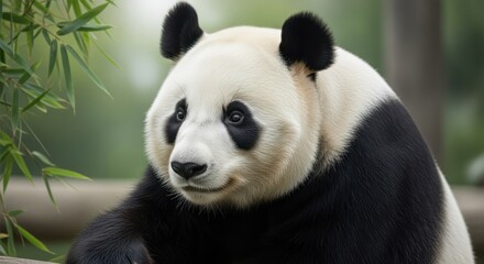 Naklejka premium Giant panda bear with bamboo leaves looking to the side portrait