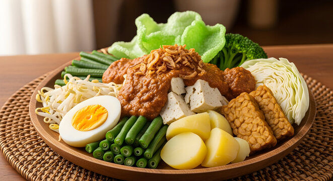 Gado-Gado Indonesian Salad Rich in Vegetables Served with Peanut Sauce and Shrimp Crackers