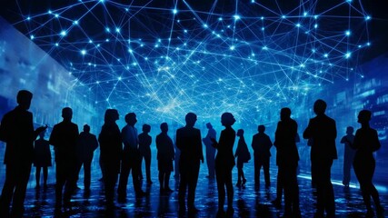 A blue network of lines links people standing across a big digital space. - Powered by Adobe