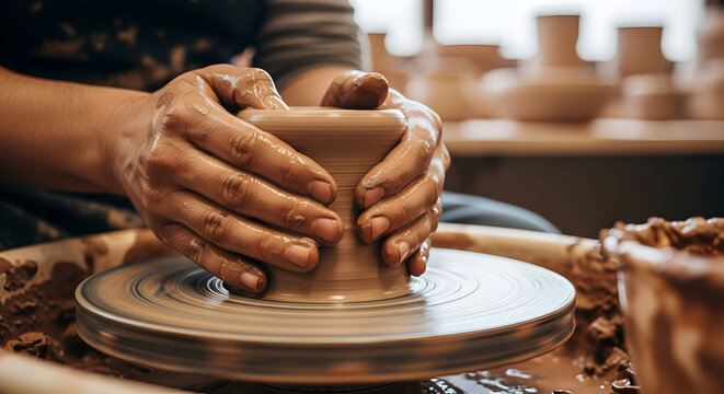 Hands shaping clay on a pottery wheel crafting art with skilled hands creating a pot