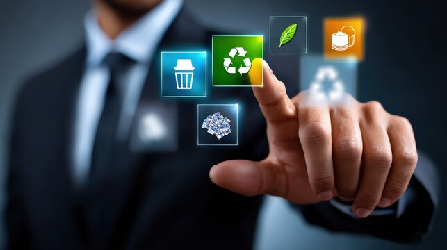 Businessperson Touching Recycling Icon on Virtual Interface - Powered by Adobe