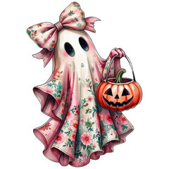 Cute Halloween ghost with Pumpkin, spooky season cute Halloween clipart, floral ghost boo transparent background PNG file digital watercolor art