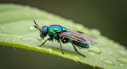 Fototapeta premium Close-up of vibrant iridescent soldier fly perched on a lush green leaf speckled with glistening