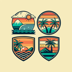 A set of retro-style surf club vector badges featuring ocean waves, palm trees, and sunsets. Perfect for t-shirt designs, stickers, posters and other uses.