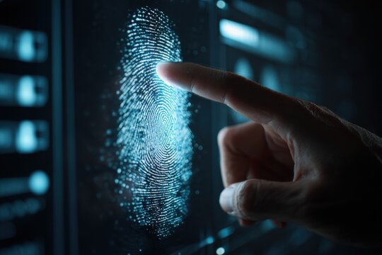 Fingertip touching a digital fingerprint on a touchscreen interface