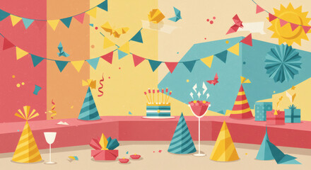 Festive Birthday Party Scene with Cake Gifts and Party Hats Illustration.