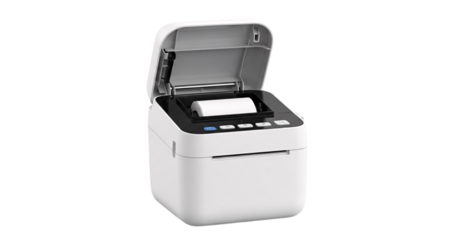 Small label printer with open lid isolated on transparent background