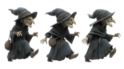 3D Halloween witch character in scary poses, AI generated, isolated on white background