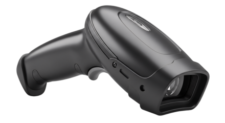 Black handheld barcode scanner isolated on transparent background