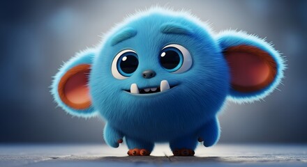 Obraz premium A cute, fluffy blue monster with big eyes and a friendly smile, standing on a textured surface with a soft, blurred background