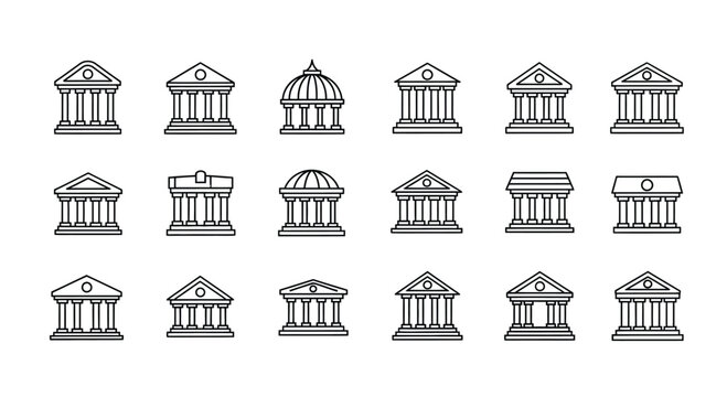 Set of classic architectural building facades with columns and pediments hand drawn style vector