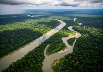 Panoramic river view amidst verdant rainforest canopy on a cloudy day