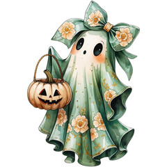Cute Halloween ghost with Pumpkin, spooky season cute Halloween clipart, floral ghost boo transparent background PNG file digital watercolor art
