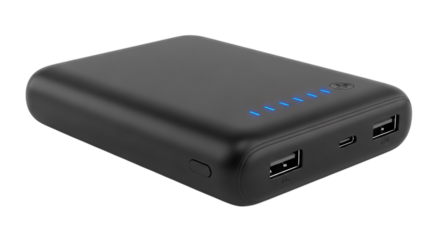 Black portable power bank isolated on transparent background