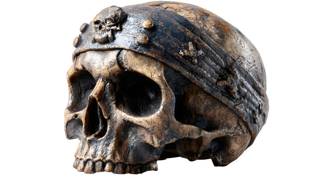 3D pirate skull with hollow eyes and weathered bone texture, isolated on white background