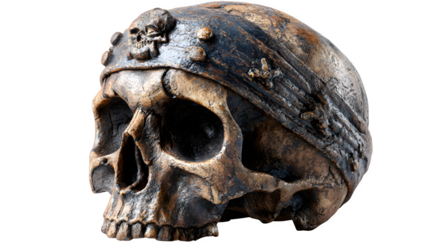 3D pirate skull with hollow eyes and weathered bone texture, isolated on white background