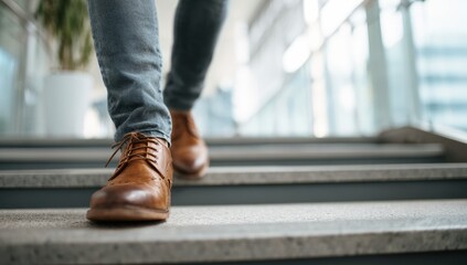 Close-up of feet walking up stairs