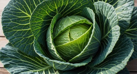 Obraz premium Fresh green cabbage head with outer leaves and water droplets