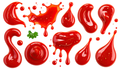 Red sauce splashes and drips, various shapes