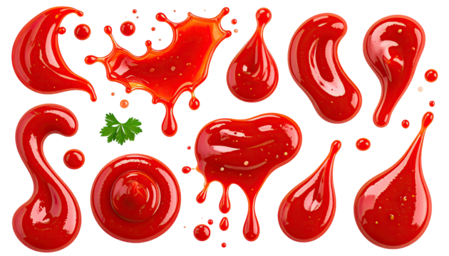 Red sauce splashes and drips, various shapes