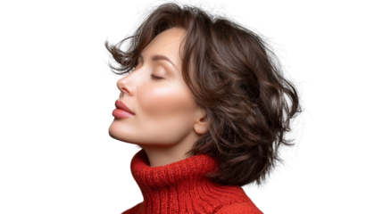 Elegant woman with short wavy hair in a red sweater profile view, closed eyes, serene expression, studio lighting on a black background