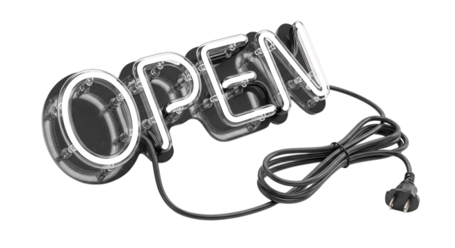 White neon open sign with cord isolated on transparent background