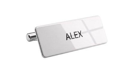 White name tag with the name alex isolated on transparent background