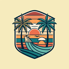 A set of retro-style surf club vector badges featuring ocean waves, palm trees, and sunsets. Perfect for t-shirt designs, stickers, posters and other uses.