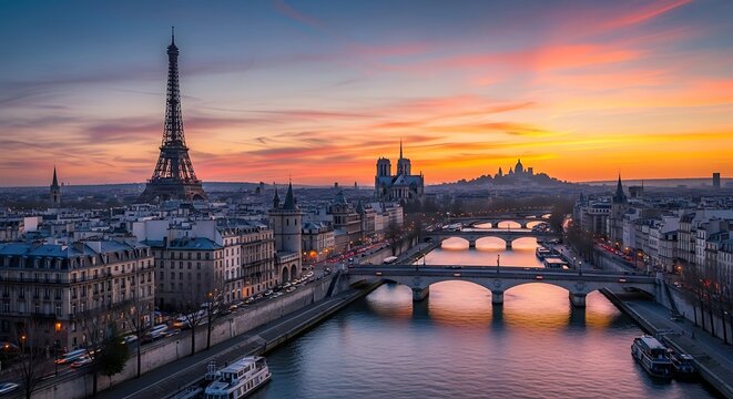 Paris Cityscape at Sunset Eiffel Tower Seine River.