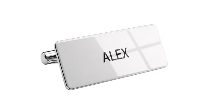White name tag with the name alex isolated on transparent background