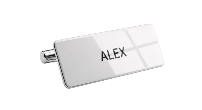White name tag with the name alex isolated on transparent background