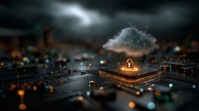 Artificial intelligence cloud computing with hologram padlock and cybersecurity network 