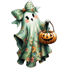 Cute Halloween ghost with Pumpkin, spooky season cute Halloween clipart, floral ghost boo transparent background PNG file digital watercolor art