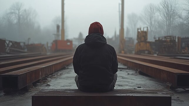 A person sits alone in a misty industrial setting