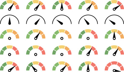 Various speedometers and gauges with color indicators on white background Keywords: speedometer, gauge, meter, dial, indicator