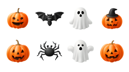 A set of Halloween icons including pumpkins, bats, ghosts, and spiders, isolated on white background