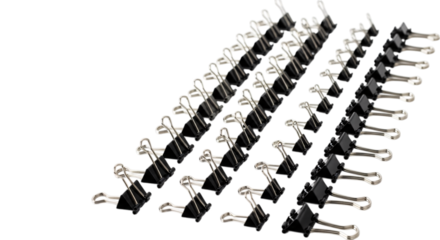 Group of black binder clips isolated on transparent background