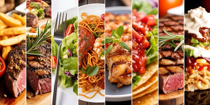 Delicious gourmet meals featuring steak, pasta, chicken, and vibrant salads, perfect for culinary inspiration