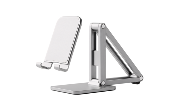 Foldable aluminum phone stand isolated on transparent background