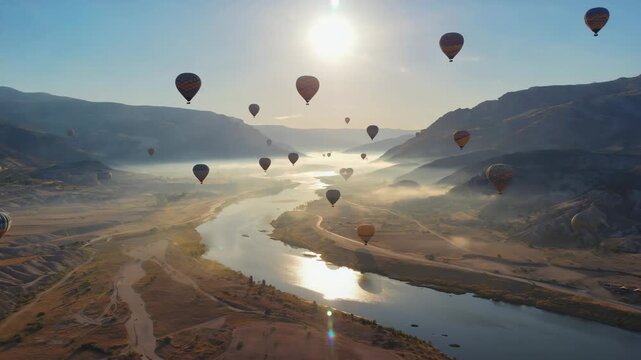 Breathtaking Flight: Hot Air Balloons in a Scenic Landscape