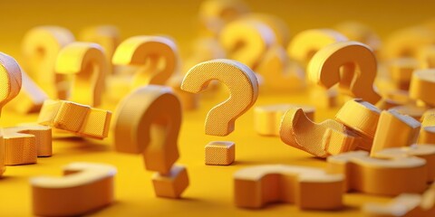 A vibrant yellow backdrop features numerous question marks scattered across the surface, creating a sense of uncertainty and inquiry