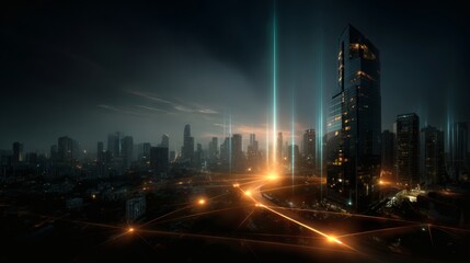 Obraz premium Futuristic smart city skyline with artificial intelligence network overlay and neon lights 