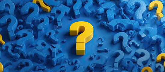 A single, prominent yellow question mark stands out amidst a sea of smaller, blue question marks, creating a visual metaphor for finding answers or solutions