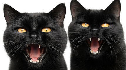 Angry black cats baring teeth with glowing eyes, isolated on white background
