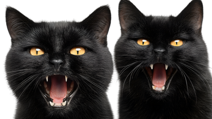 Angry black cats baring teeth with glowing eyes, isolated on white background