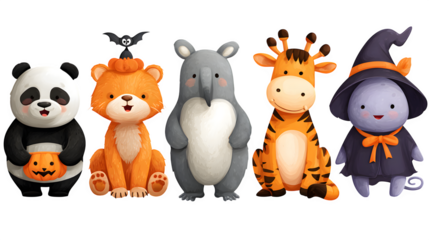 Animals in cute Halloween costumes, PNG cut-out style, isolated on white background