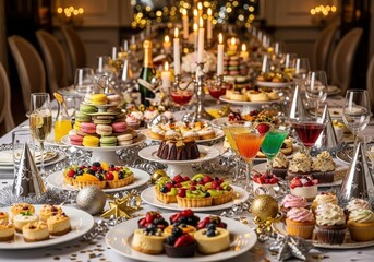 Lavish Dessert Table Featuring Assorted Sweets, Cakes, and Colorful Treats for Celebratory Events