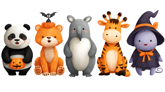 Animals in cute Halloween costumes, PNG cut-out style, isolated on white background