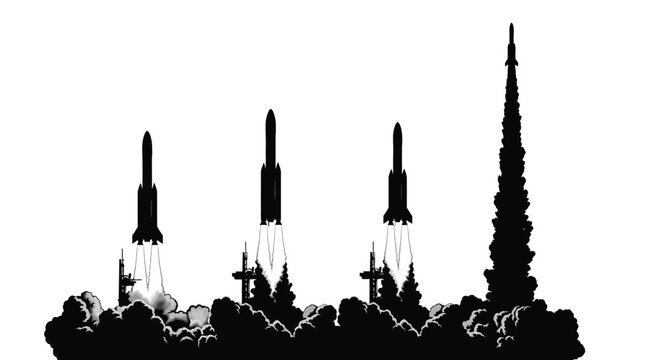 Multiple rocket launches ignite the sky in powerful space exploration ascent with smoke plumes vector